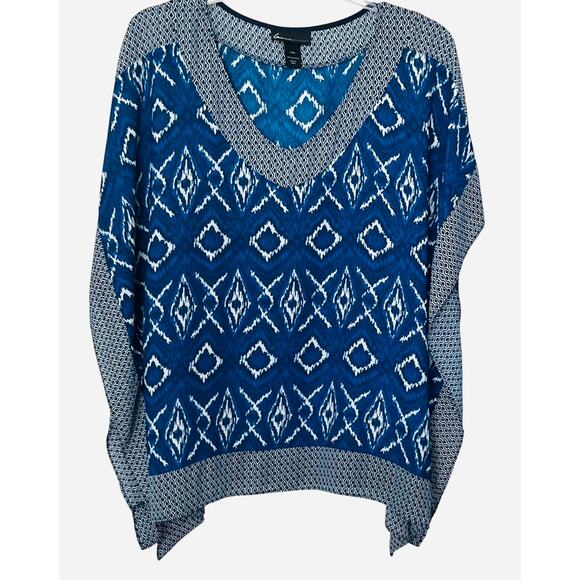 LANE BRYANT KIMONO PULL-OVER V-NECK BLOUSE, WOMENS, 14/16, NAVY & WHITE DIAMOND - Picture 1 of 10